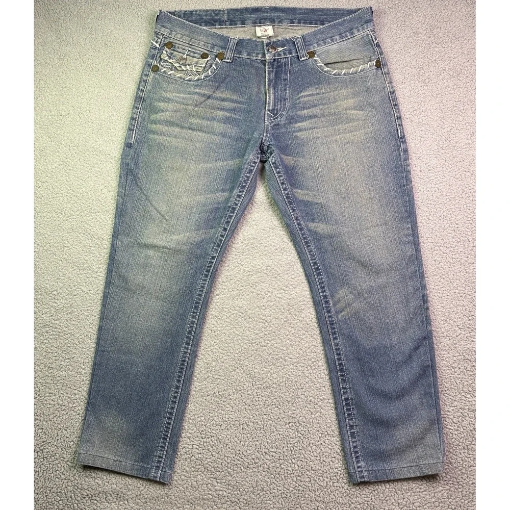 VTG Y2K True Religion Jeans Mens Blue 36x28 Flap Back Streetwear USA Stitch